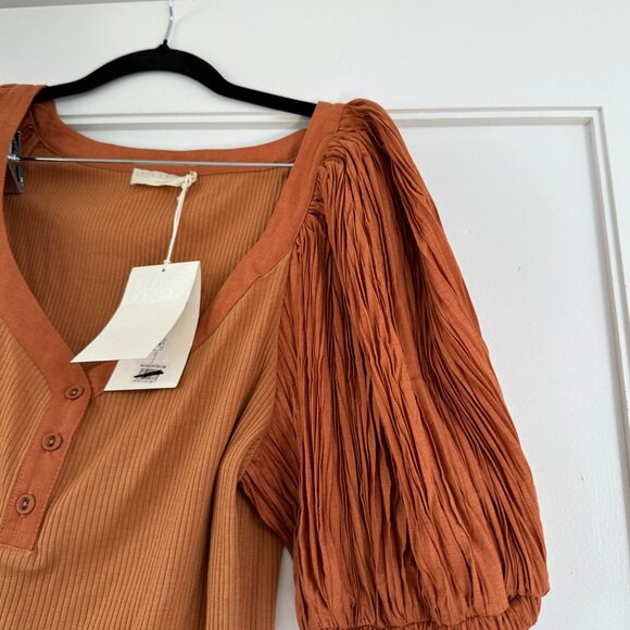 NWT Ulla Johnson Marika Top Puff Sleeves Scoop Neck Rib Knit Sz XL In Chestnut - Picture 5 of 11